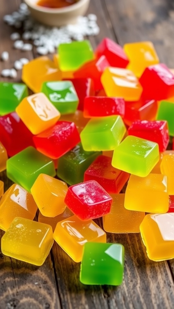 Colorful homemade xylitol hard candies on a wooden surface, showcasing their shiny texture and vibrant colors.